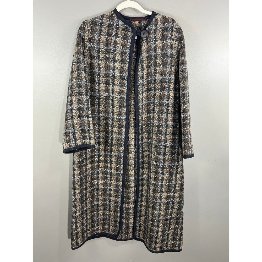 Jaeger Coat Women 10 Brown Great Britain Wool Plaid Long Cardigan Jacket Vintage